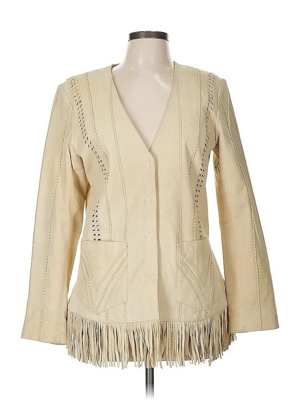 Coldwater Creek Beige Buckskin Braided Leather Jacket Fringe Snap Western M